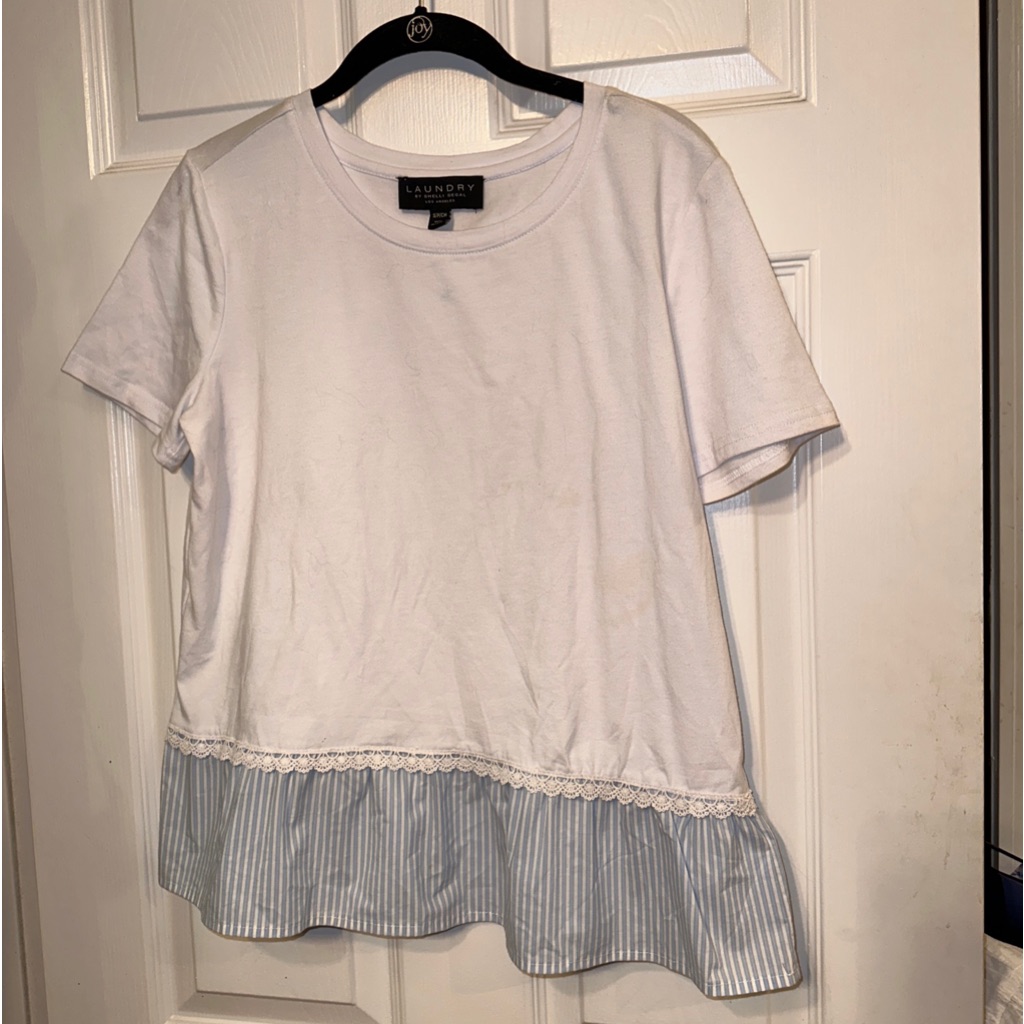 Laundry By Shelli Segal Small White Tee T-Shirt Blue White Stripe Hem Lace